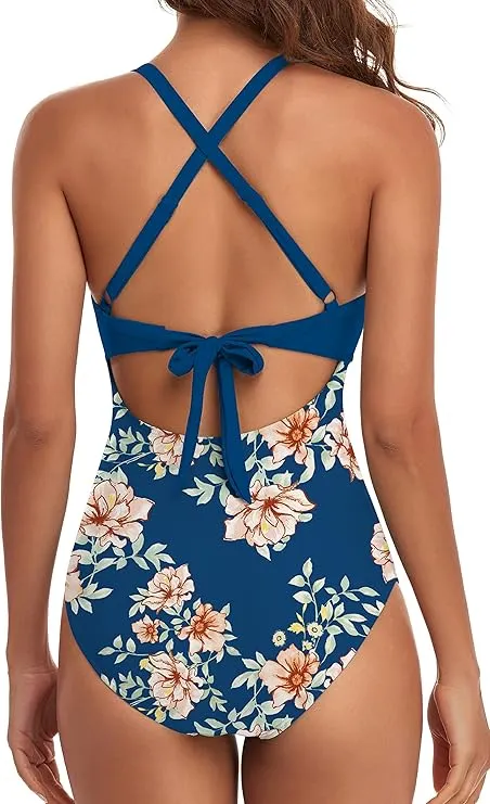 NEW Retails $50 Women's One Piece Swimsuits Tummy Control Cutout High Waisted Bathing Suit Wrap Tie Back 1 Piece Swimsuit, Blue Floral, Sz S