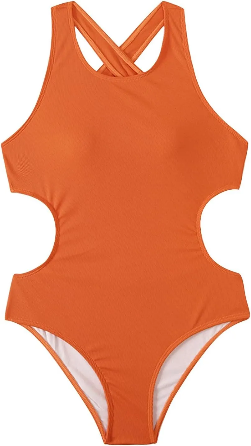 O Neck One Piece Swimsuit Women Back Cross Backless Slimming Waist Cut Out Petite Sport Swimwear Tummy Control S-XL