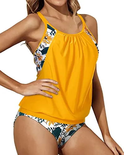 O-Ring Back Sports Bra Tankini Swimsuits For Women-Yellow Floral
