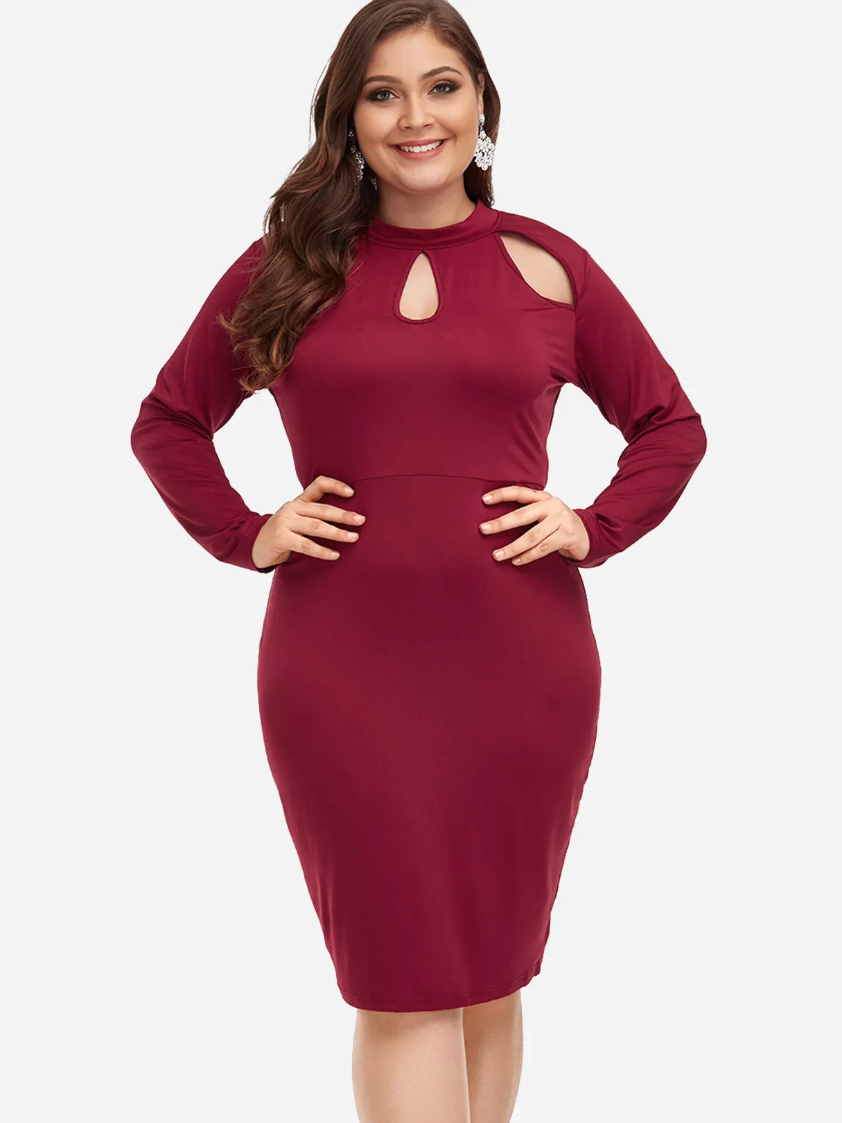 OEM ODM Crew Neck Plain Cut Out Long Sleeve Plus Size Dress