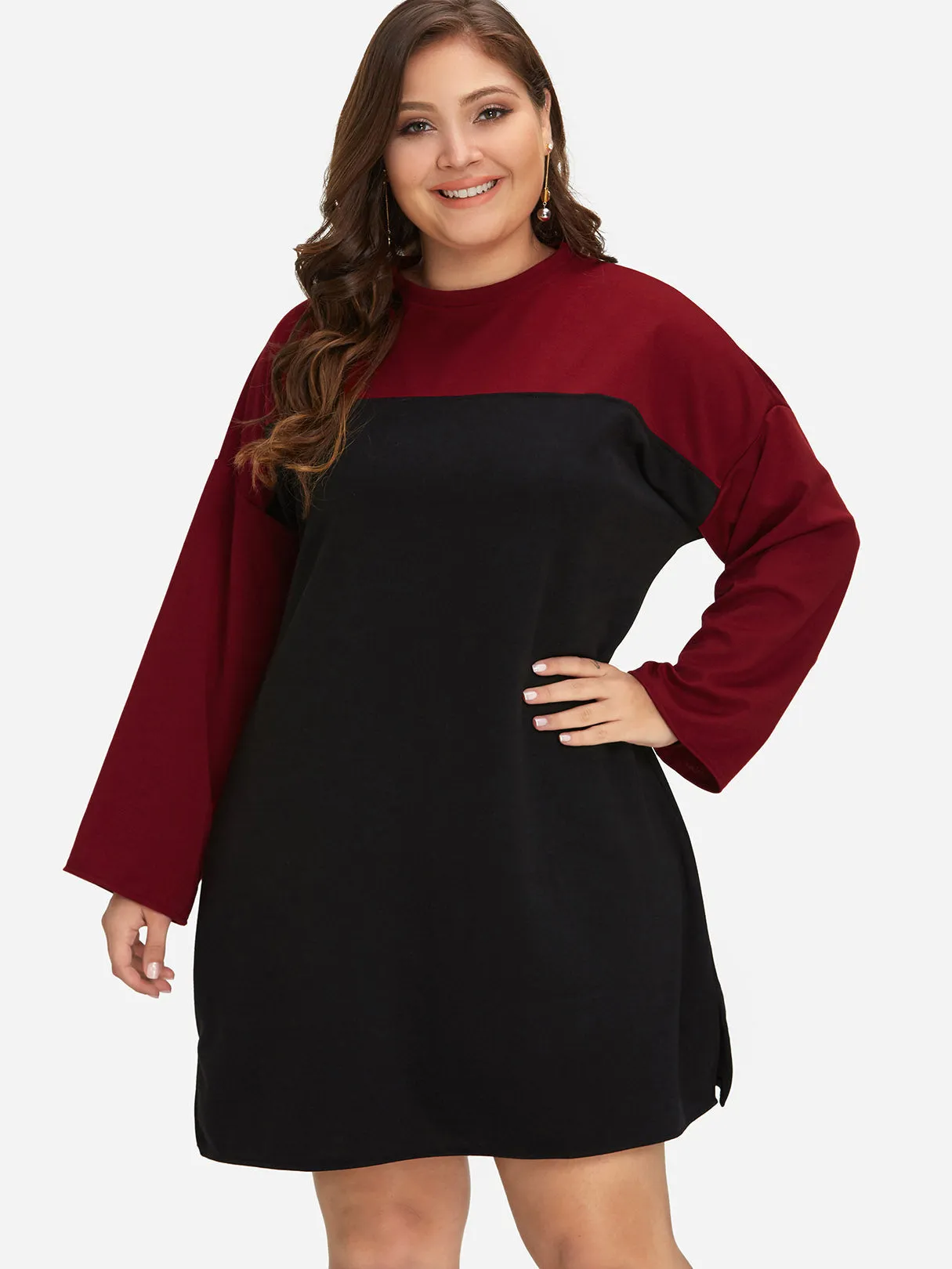 OEM ODM Crew Neck Plain Long Sleeve Slit Hem Plus Size Dress