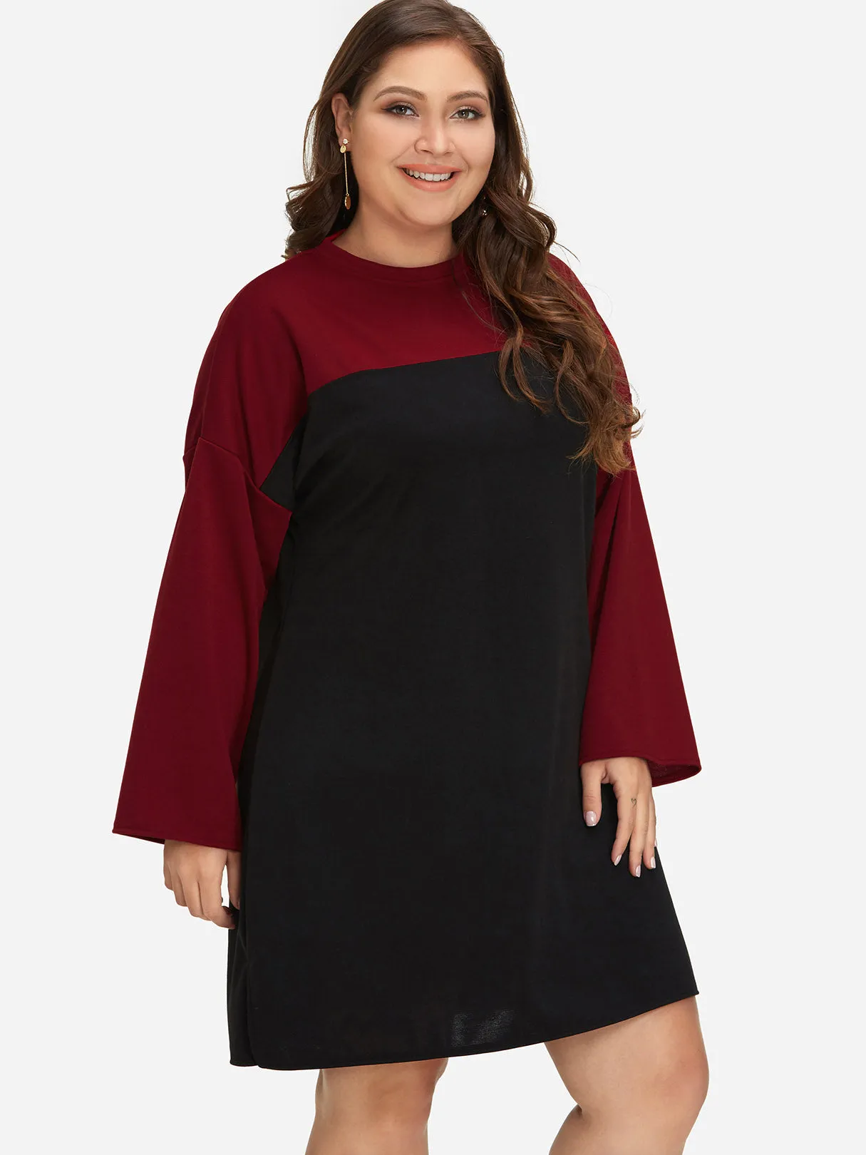 OEM ODM Crew Neck Plain Long Sleeve Slit Hem Plus Size Dress