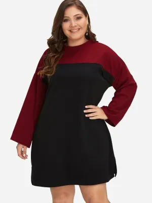 OEM ODM Crew Neck Plain Long Sleeve Slit Hem Plus Size Dress