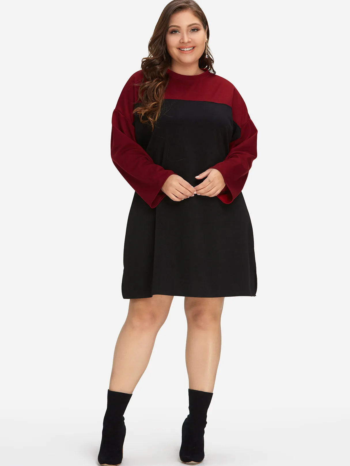 OEM ODM Crew Neck Plain Long Sleeve Slit Hem Plus Size Dress