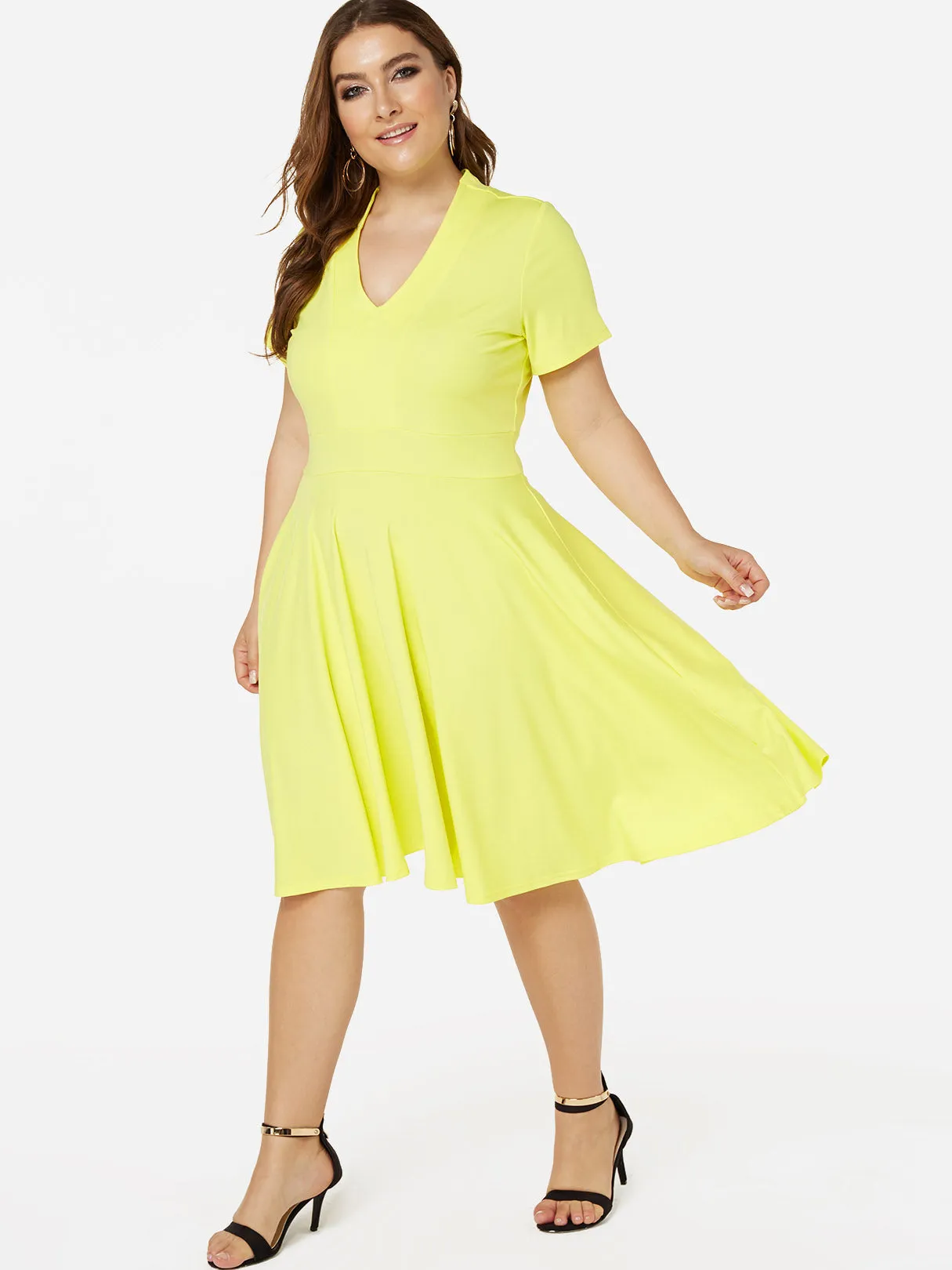 OEM ODM Deep V Neck Plain Short Sleeve Flounced Hem Plus Size Dresses