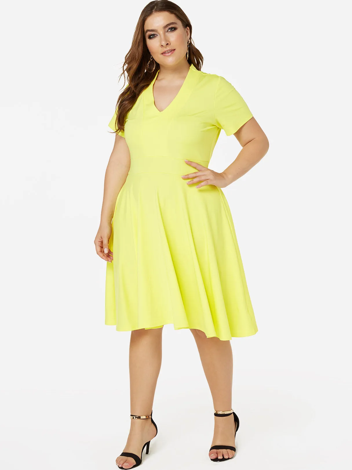 OEM ODM Deep V Neck Plain Short Sleeve Flounced Hem Plus Size Dresses
