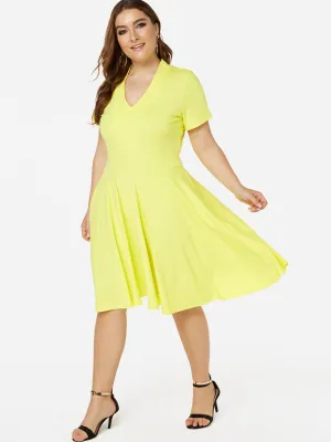 OEM ODM Deep V Neck Plain Short Sleeve Flounced Hem Plus Size Dresses