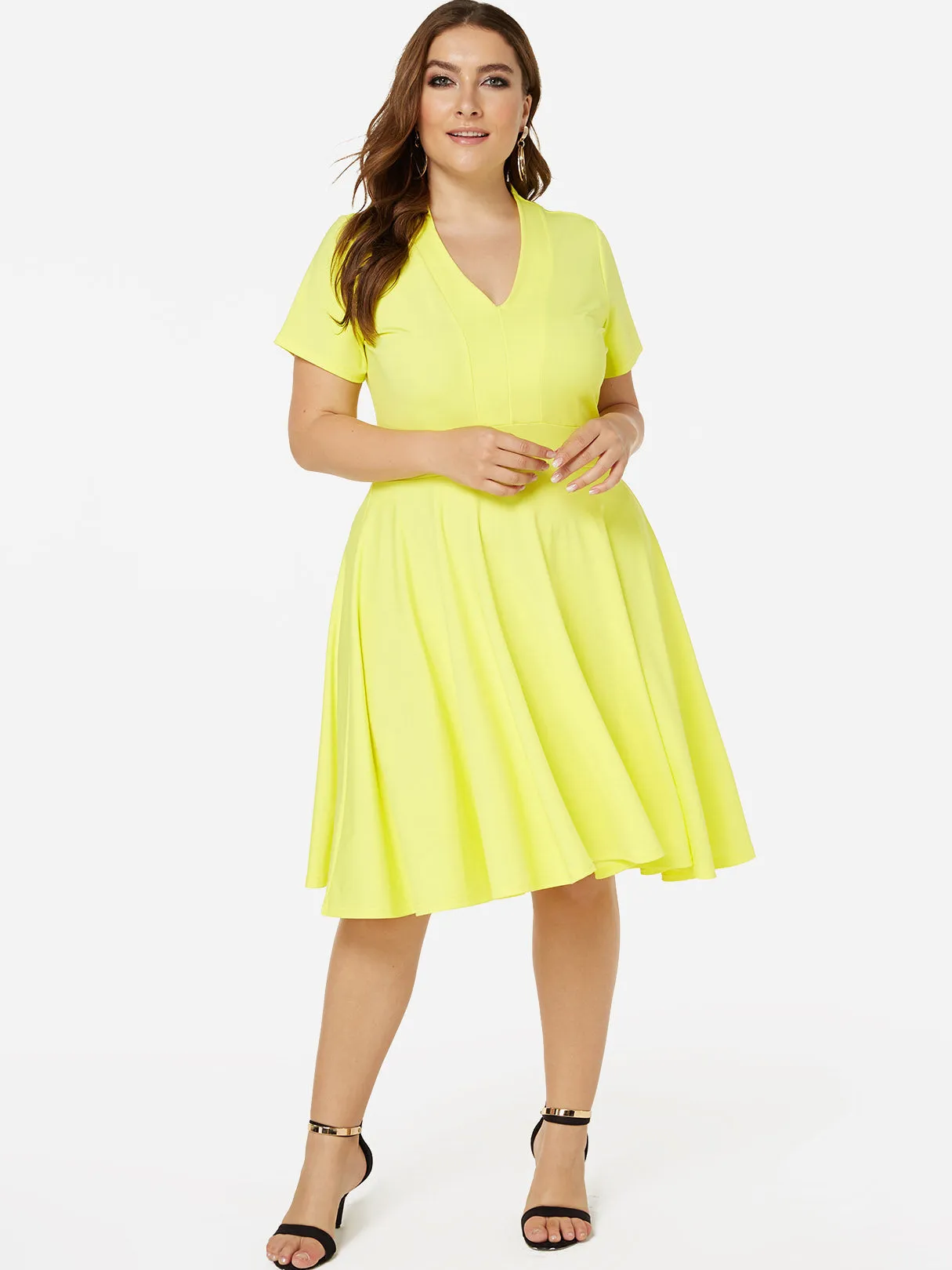 OEM ODM Deep V Neck Plain Short Sleeve Flounced Hem Plus Size Dresses