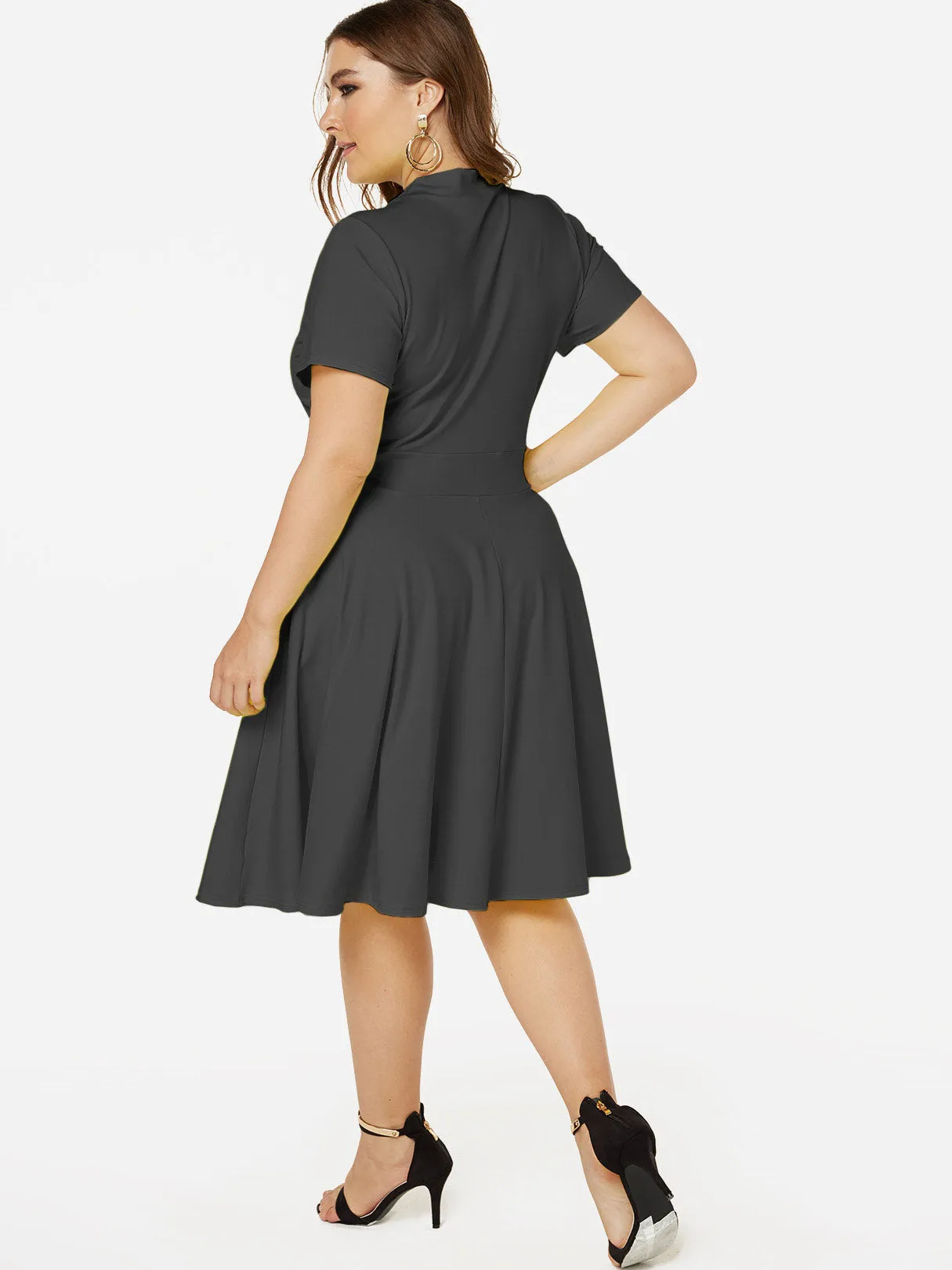 OEM ODM Deep V Neck Plain Short Sleeve Flounced Hem Plus Size Dresses
