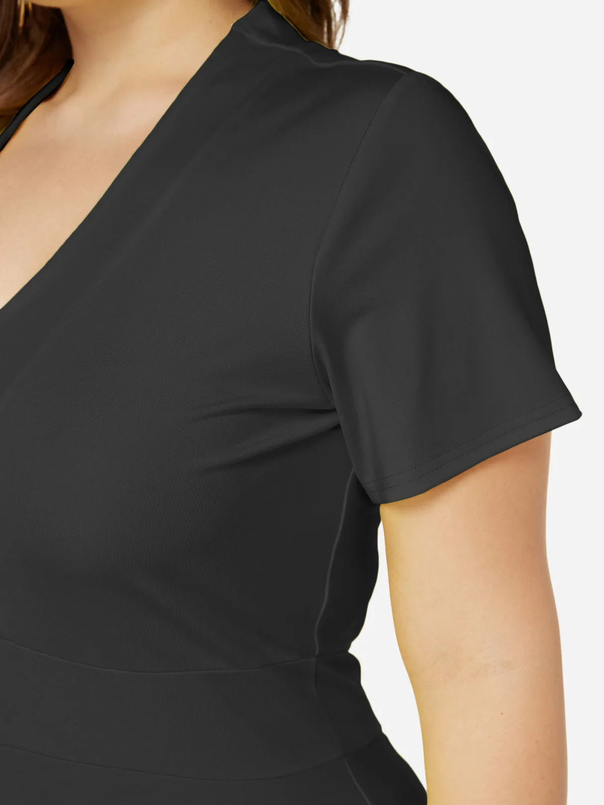 OEM ODM Deep V Neck Plain Short Sleeve Flounced Hem Plus Size Dresses