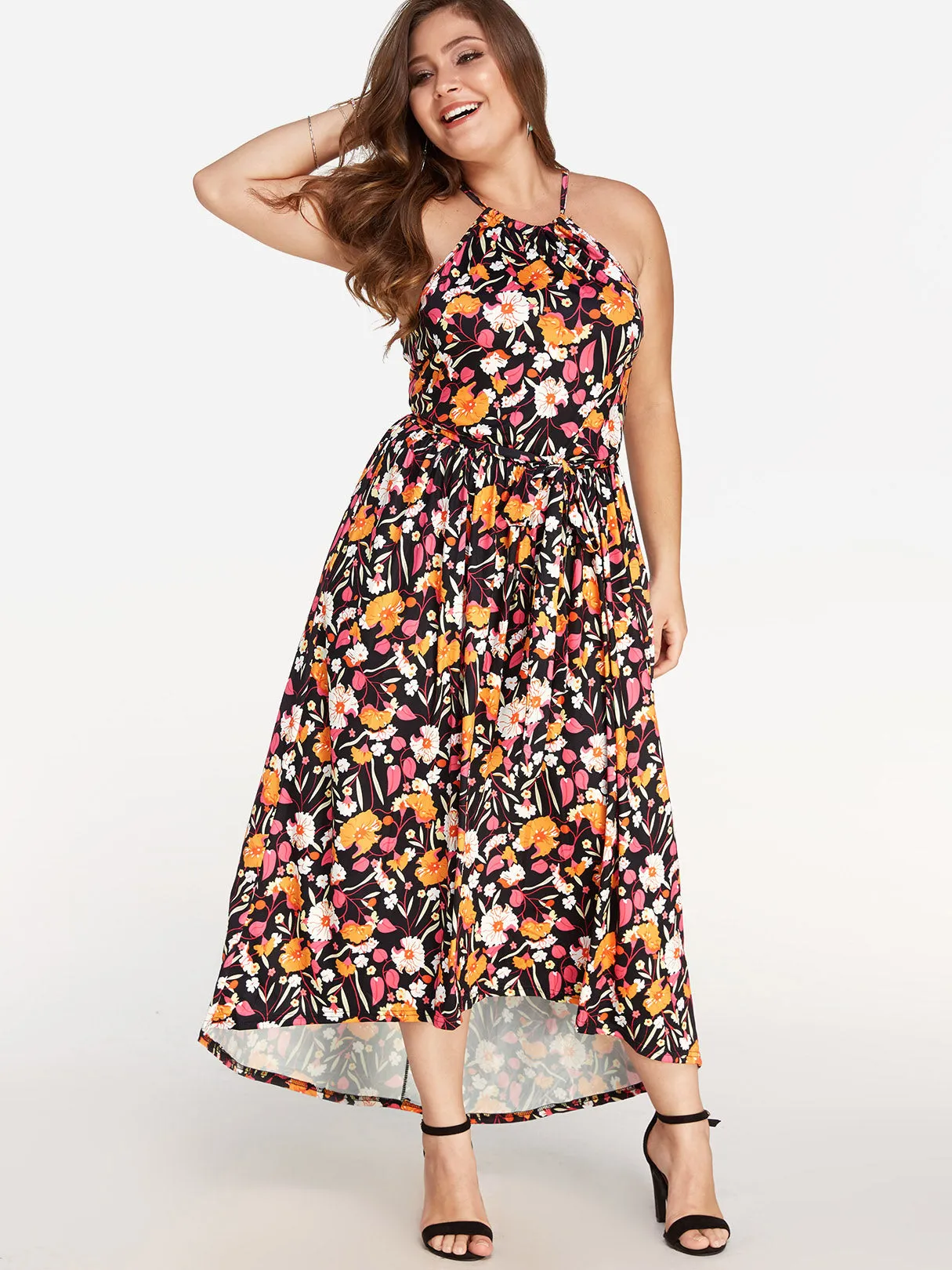 OEM ODM Halter Floral Print Pleated Sleeveless Plus Size Maxi Dress