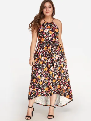 OEM ODM Halter Floral Print Pleated Sleeveless Plus Size Maxi Dress