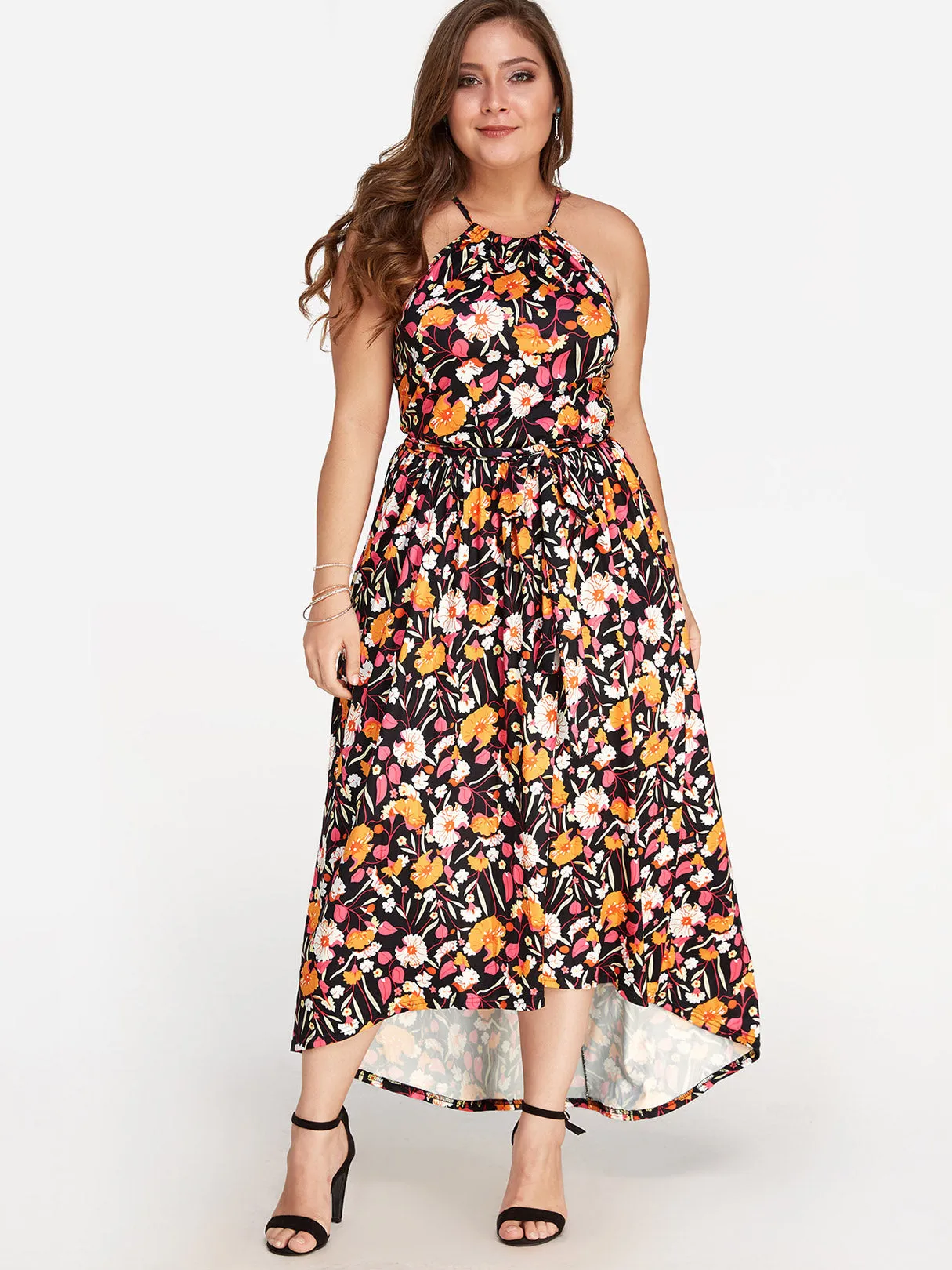 OEM ODM Halter Floral Print Pleated Sleeveless Plus Size Maxi Dress