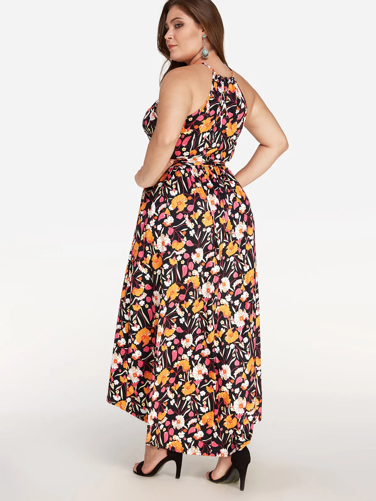 OEM ODM Halter Floral Print Pleated Sleeveless Plus Size Maxi Dress
