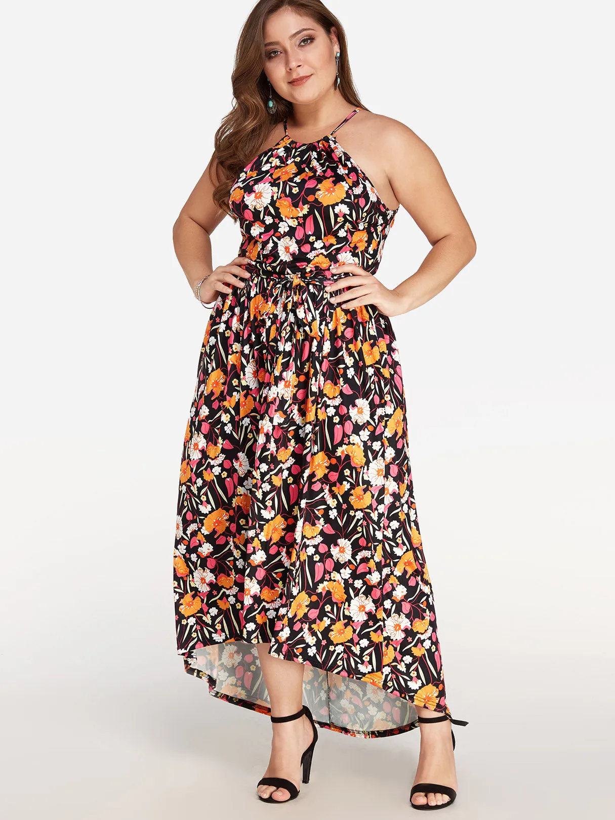 OEM ODM Halter Floral Print Pleated Sleeveless Plus Size Maxi Dress