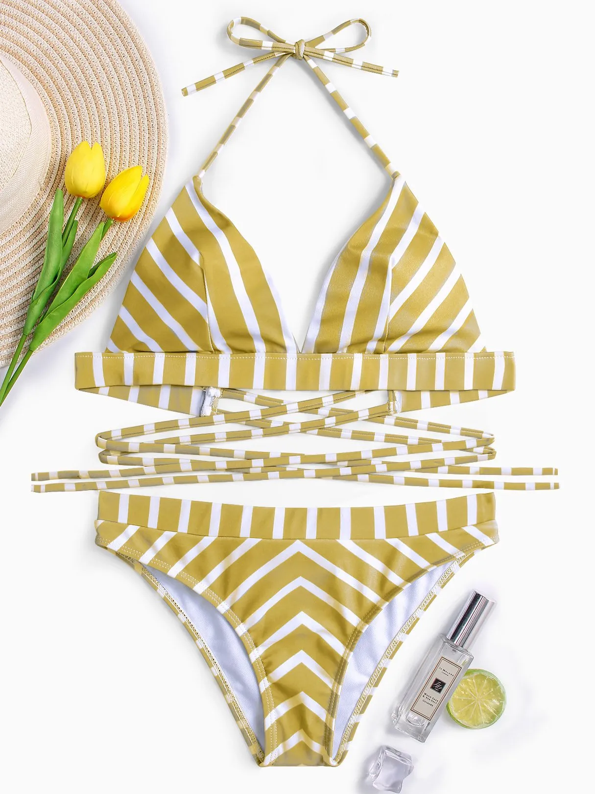 OEM ODM Halter Stripe Sleeveless Yellow Bikini Set