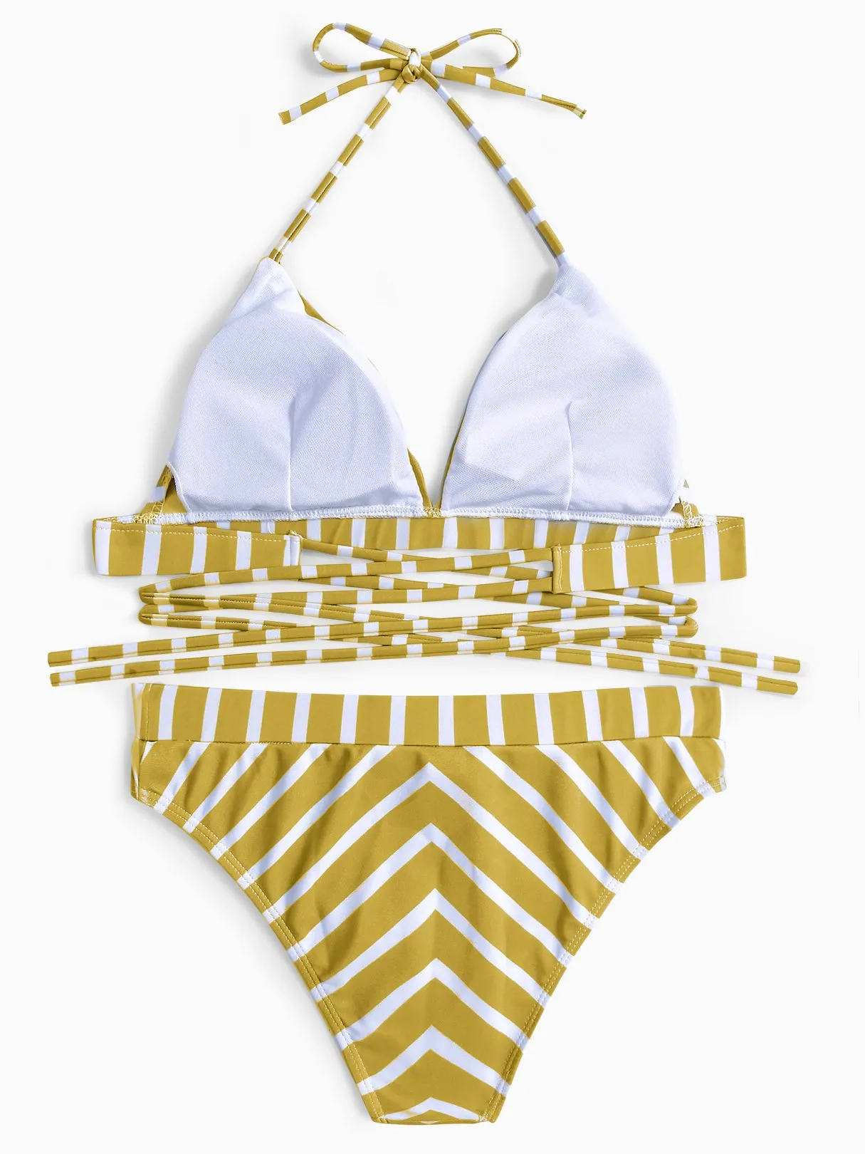 OEM ODM Halter Stripe Sleeveless Yellow Bikini Set