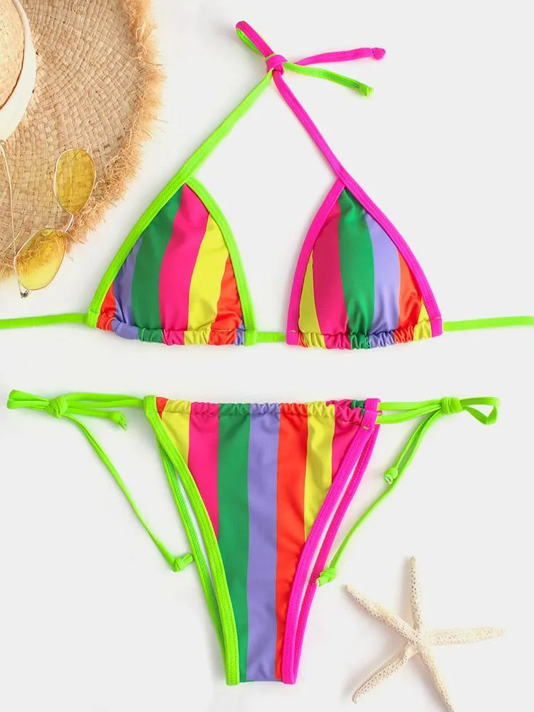 OEM ODM Halter V-Neck Stripe Backless Tie-Up Bikini Set