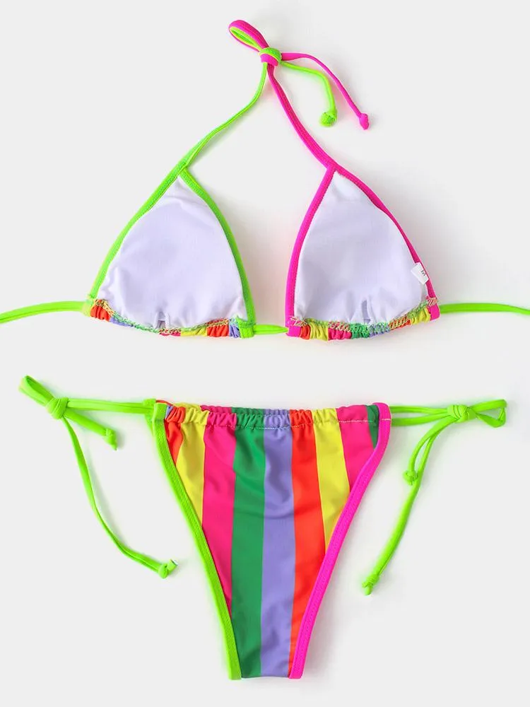 OEM ODM Halter V-Neck Stripe Backless Tie-Up Bikini Set
