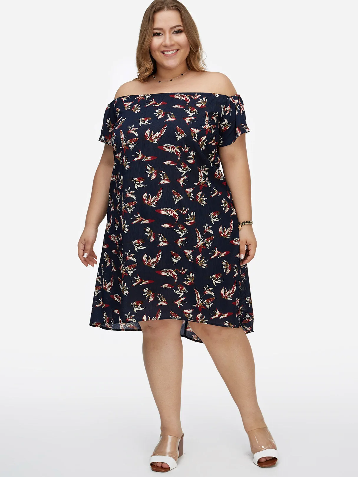 OEM ODM Off The Shoulder Floral Print Calico Short Sleeve Curved Hem Dark Blue Plus Size Dresses