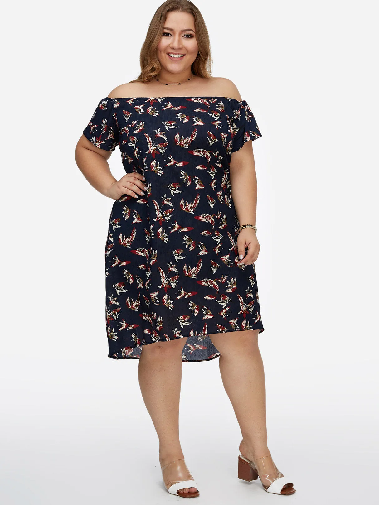 OEM ODM Off The Shoulder Floral Print Calico Short Sleeve Curved Hem Dark Blue Plus Size Dresses