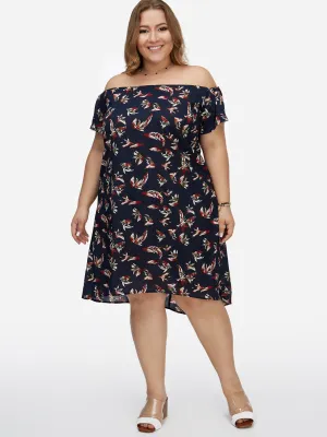 OEM ODM Off The Shoulder Floral Print Calico Short Sleeve Curved Hem Dark Blue Plus Size Dresses
