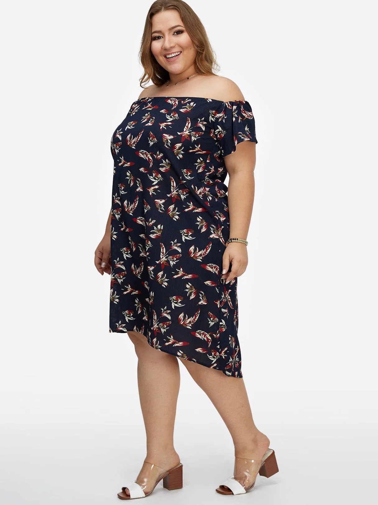 OEM ODM Off The Shoulder Floral Print Calico Short Sleeve Curved Hem Dark Blue Plus Size Dresses