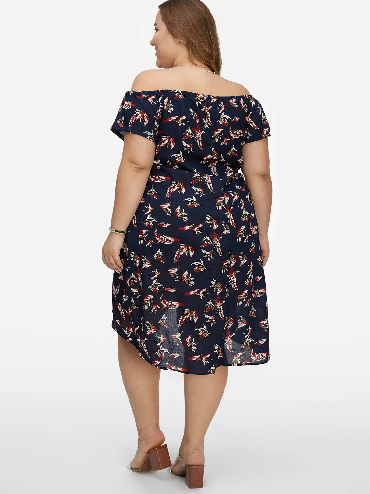 OEM ODM Off The Shoulder Floral Print Calico Short Sleeve Curved Hem Dark Blue Plus Size Dresses