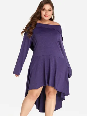 OEM ODM Off The Shoulder Plain Lace Hooded Long Sleeve High-Low Hem Purple Plus Size Dress