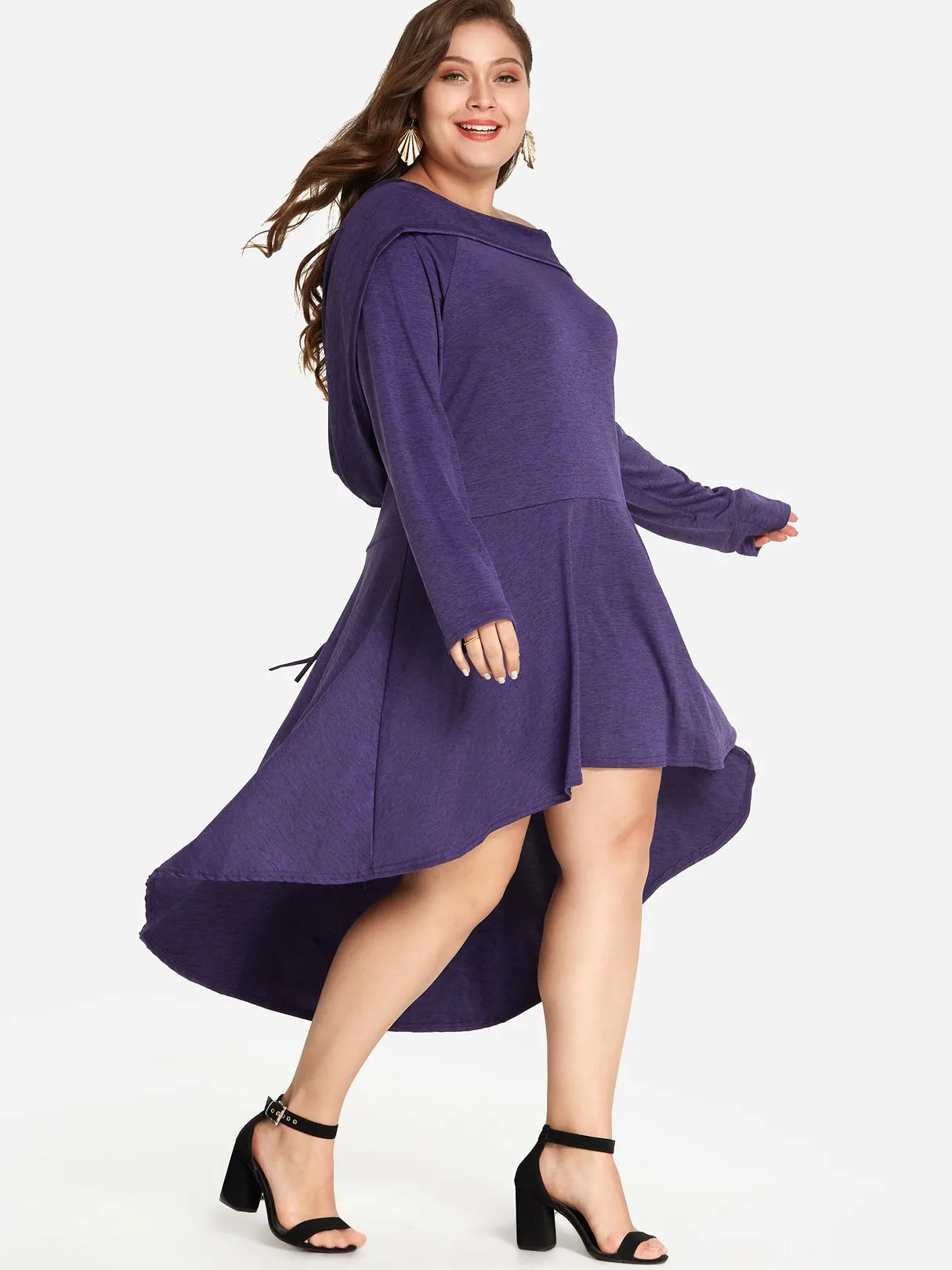 OEM ODM Off The Shoulder Plain Lace Hooded Long Sleeve High-Low Hem Purple Plus Size Dress