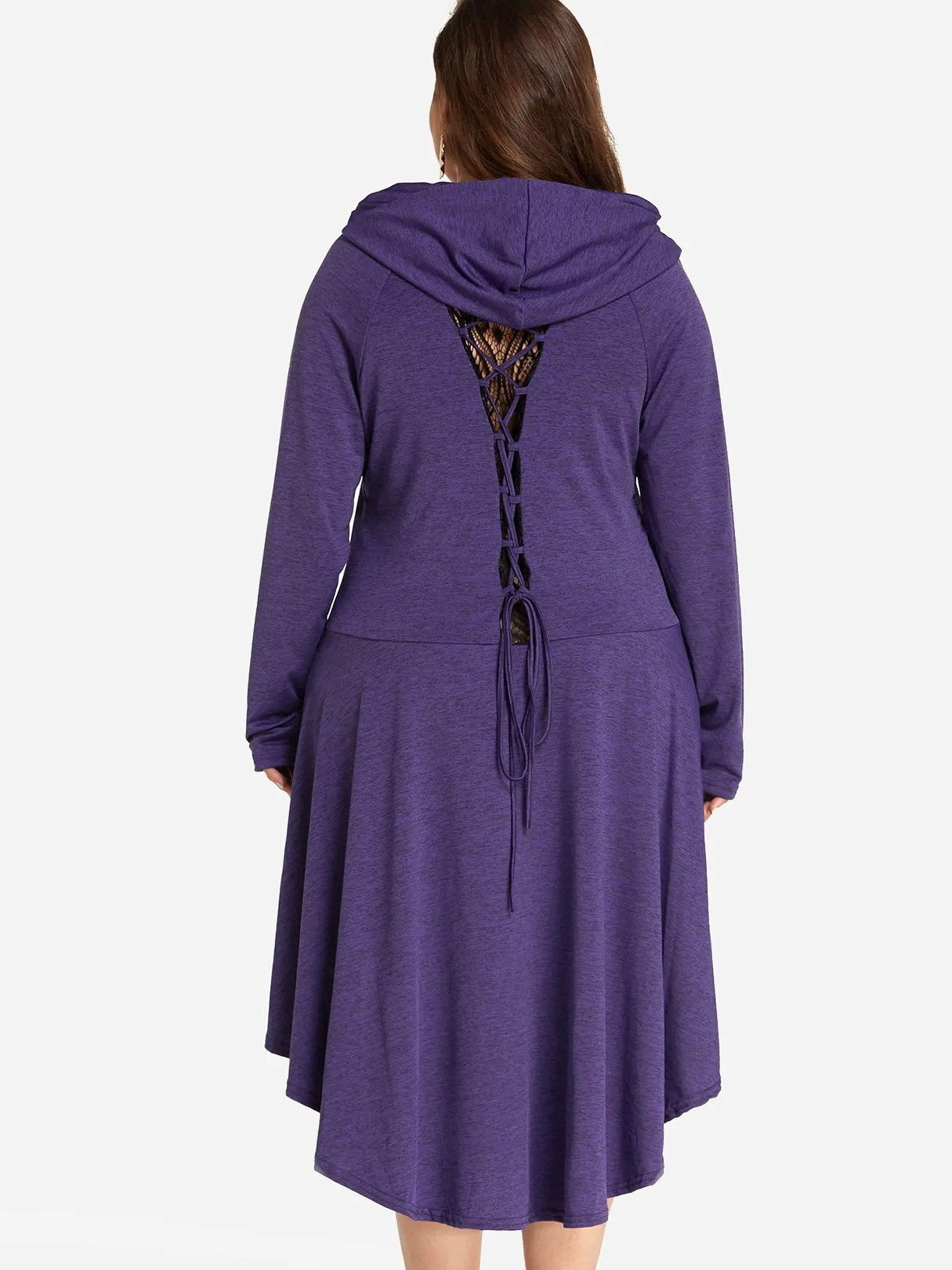 OEM ODM Off The Shoulder Plain Lace Hooded Long Sleeve High-Low Hem Purple Plus Size Dress