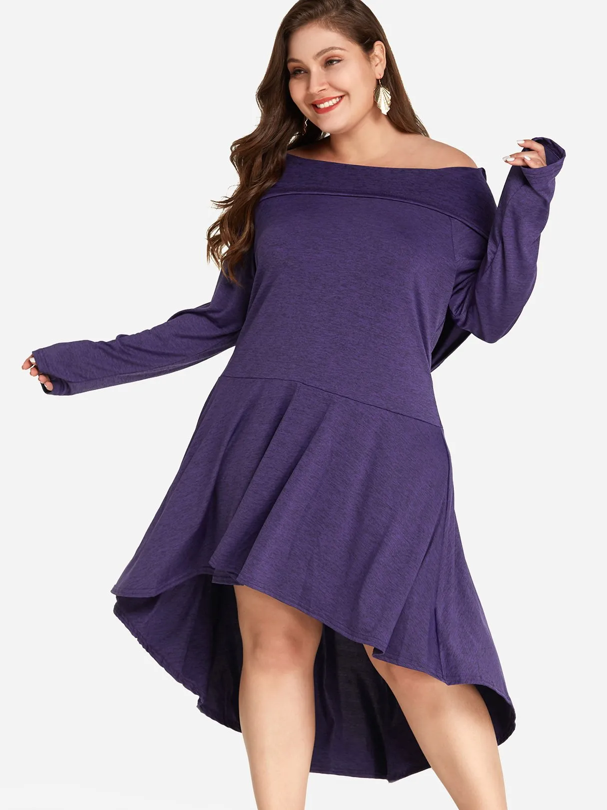 OEM ODM Off The Shoulder Plain Lace Hooded Long Sleeve High-Low Hem Purple Plus Size Dress