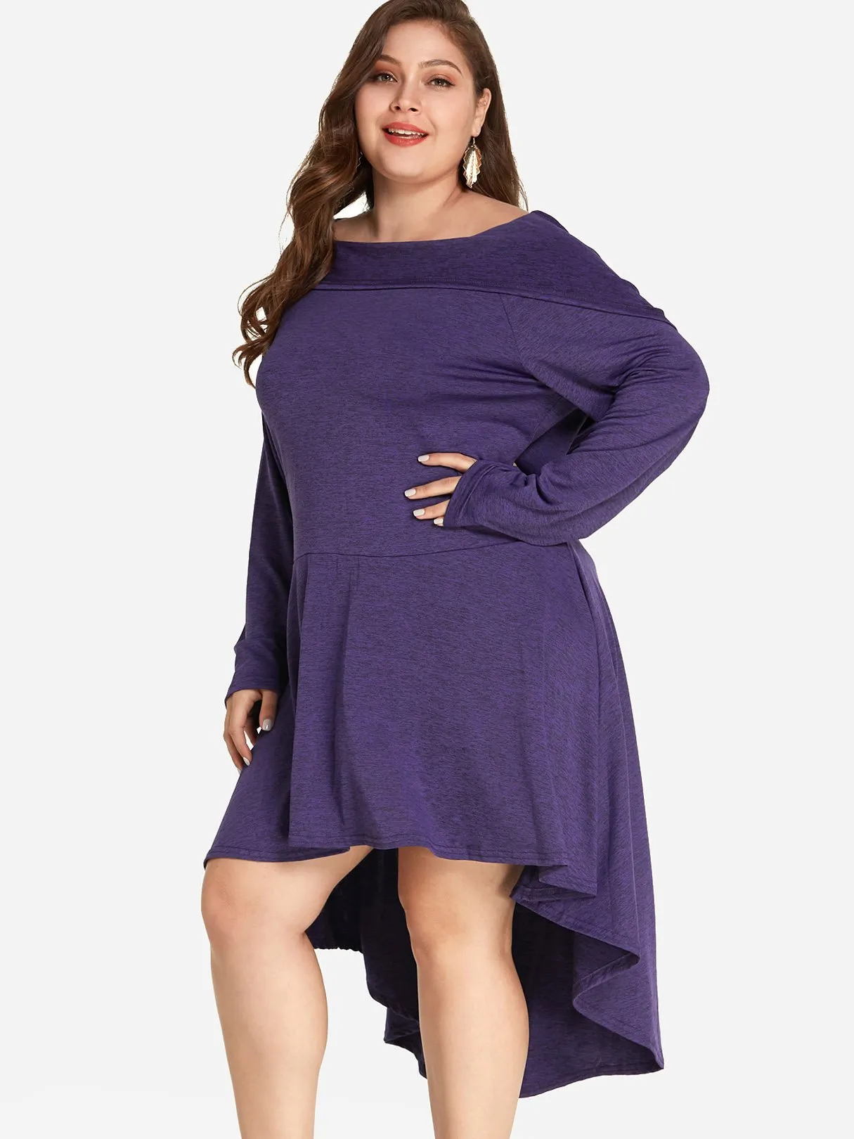 OEM ODM Off The Shoulder Plain Lace Hooded Long Sleeve High-Low Hem Purple Plus Size Dress