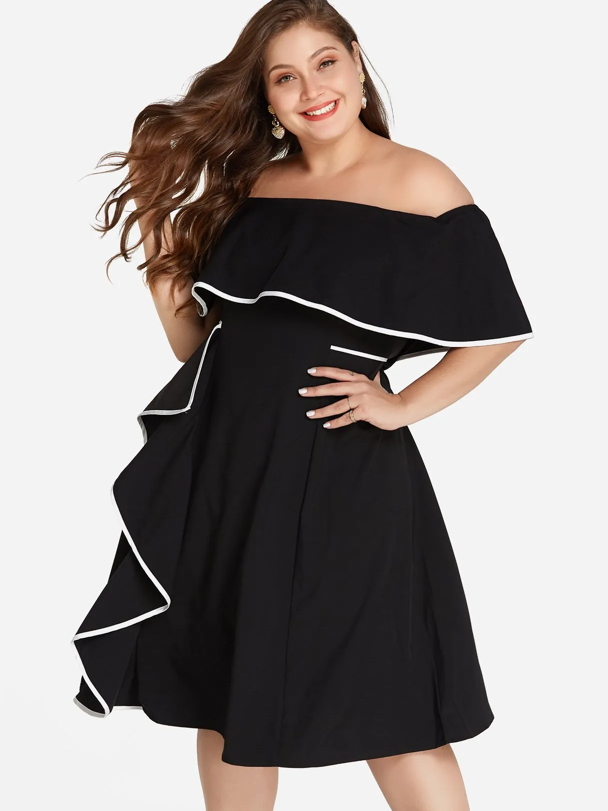 OEM ODM Off The Shoulder Tiered Ruffle Trim Short Sleeve Flounced Hem Black Plus Size Dress