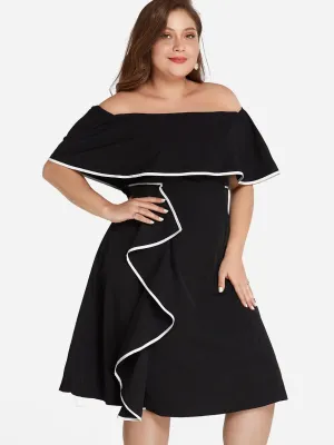 OEM ODM Off The Shoulder Tiered Ruffle Trim Short Sleeve Flounced Hem Black Plus Size Dress