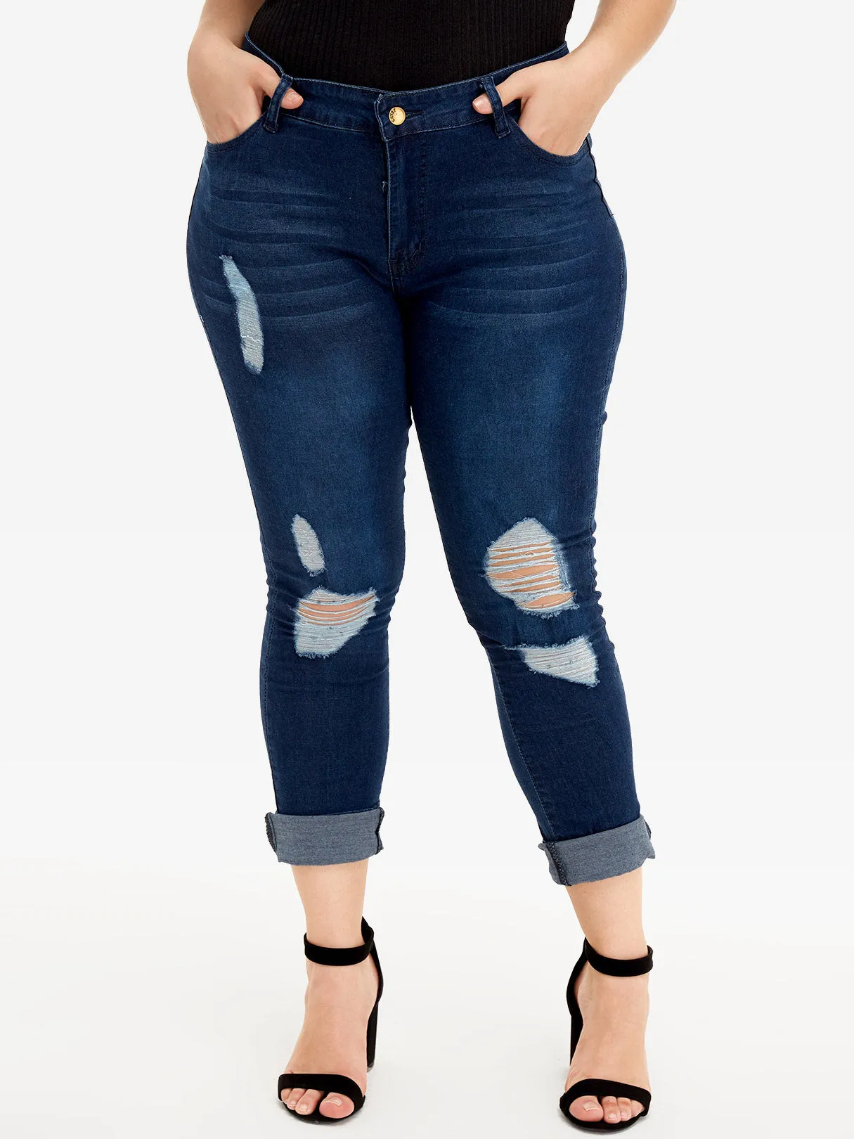 OEM ODM Plain Random Ripped Navy Plus Size Bottoms
