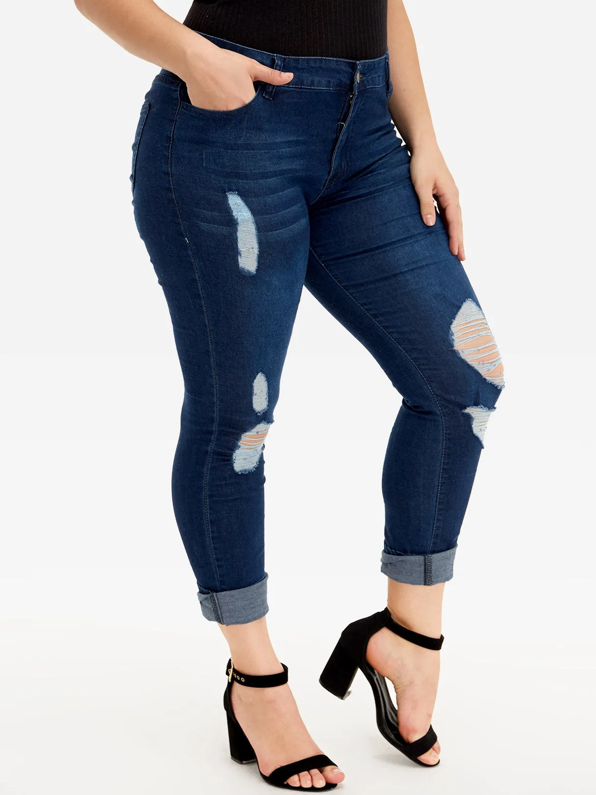 OEM ODM Plain Random Ripped Navy Plus Size Bottoms