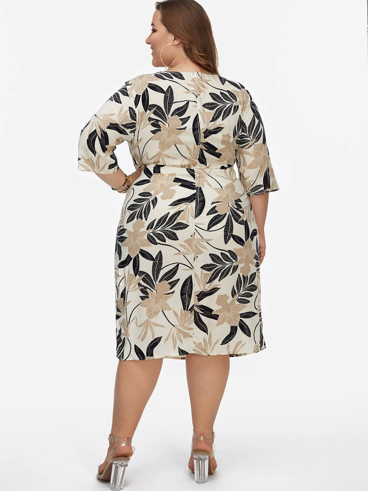 OEM ODM Round Neck Floral Print 3/4 Sleeve Apricot Plus Size Dresses