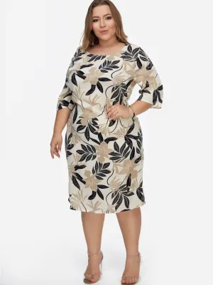OEM ODM Round Neck Floral Print 3/4 Sleeve Apricot Plus Size Dresses