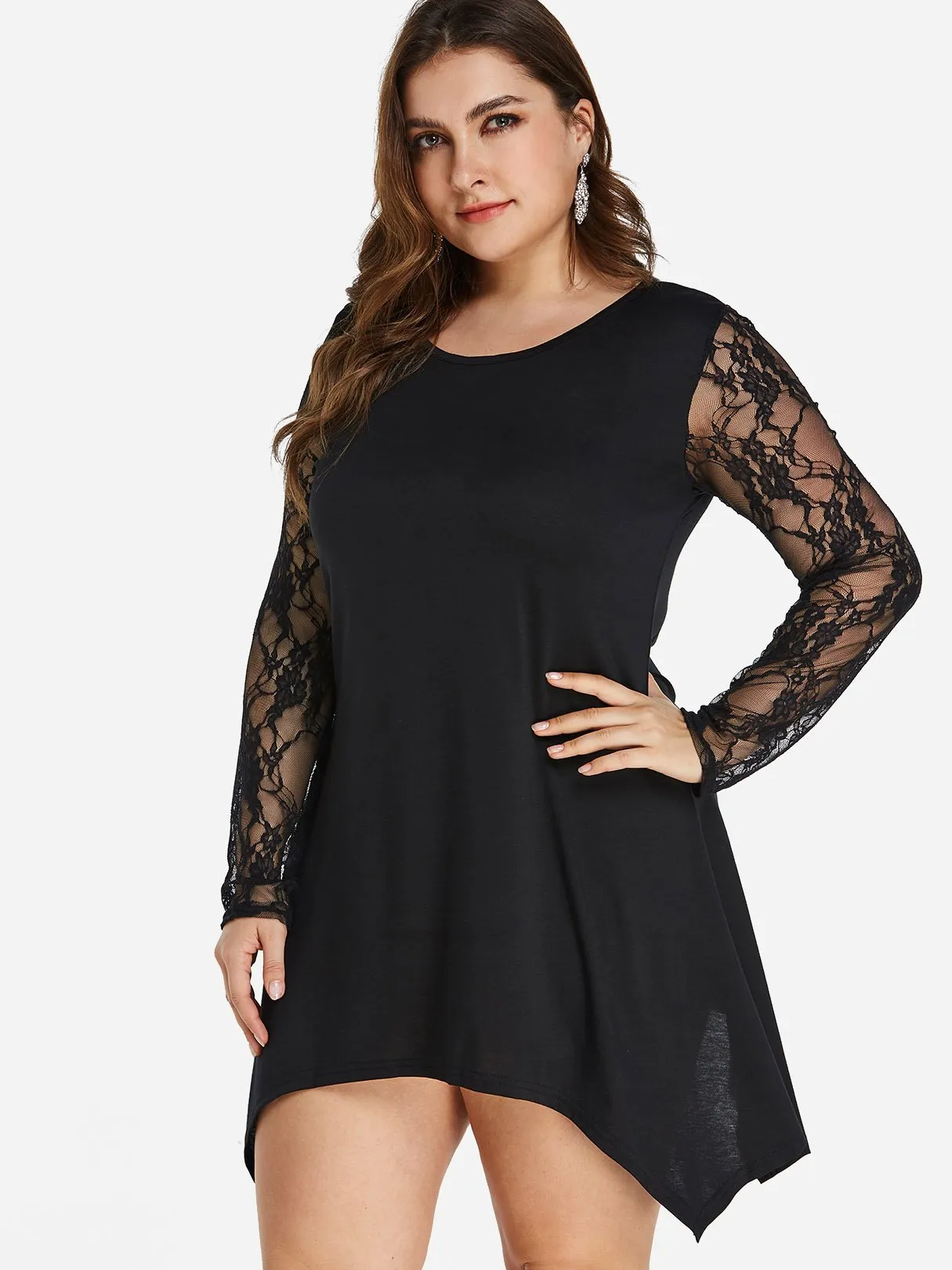 OEM ODM Round Neck Plain Lace Long Sleeve Handkerchief Hem Black Plus Size Dress