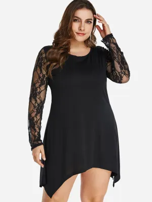 OEM ODM Round Neck Plain Lace Long Sleeve Handkerchief Hem Black Plus Size Dress