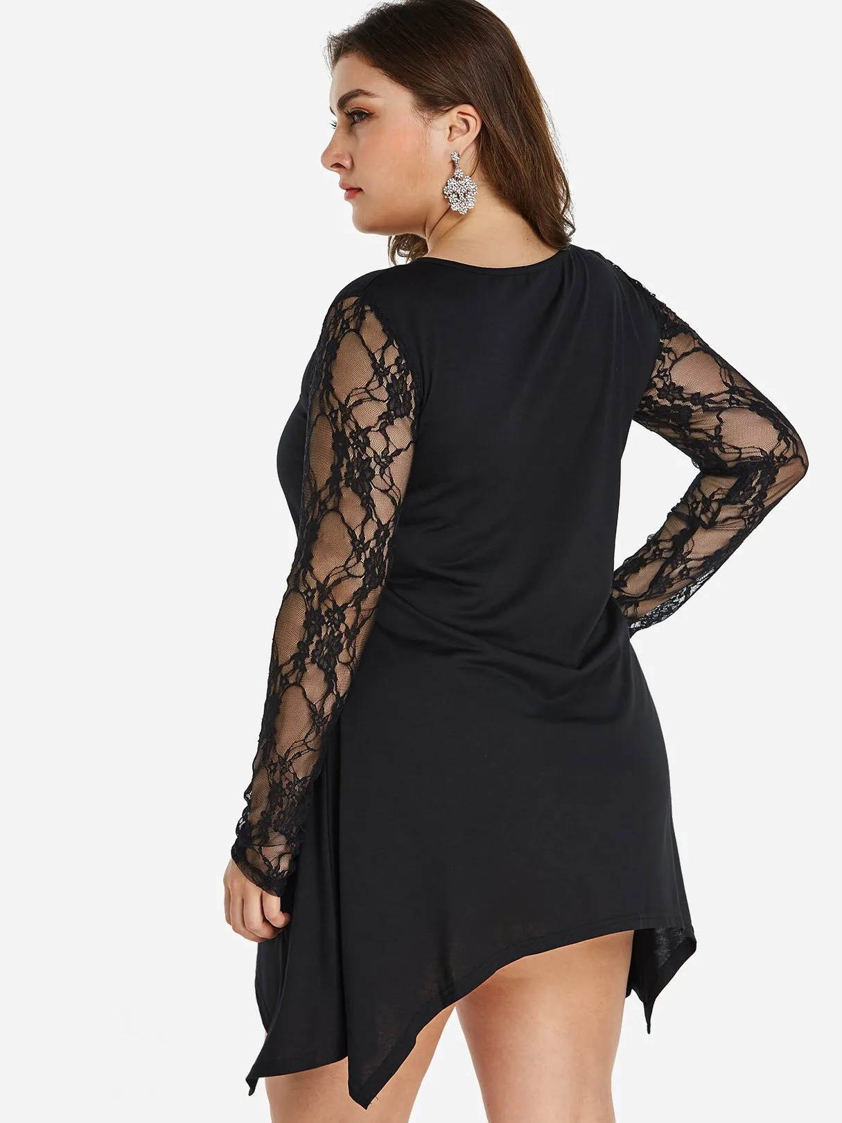 OEM ODM Round Neck Plain Lace Long Sleeve Handkerchief Hem Black Plus Size Dress