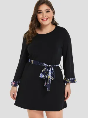 OEM ODM Round Neck Plain Self-Tie Long Sleeve Black Plus Size Dress
