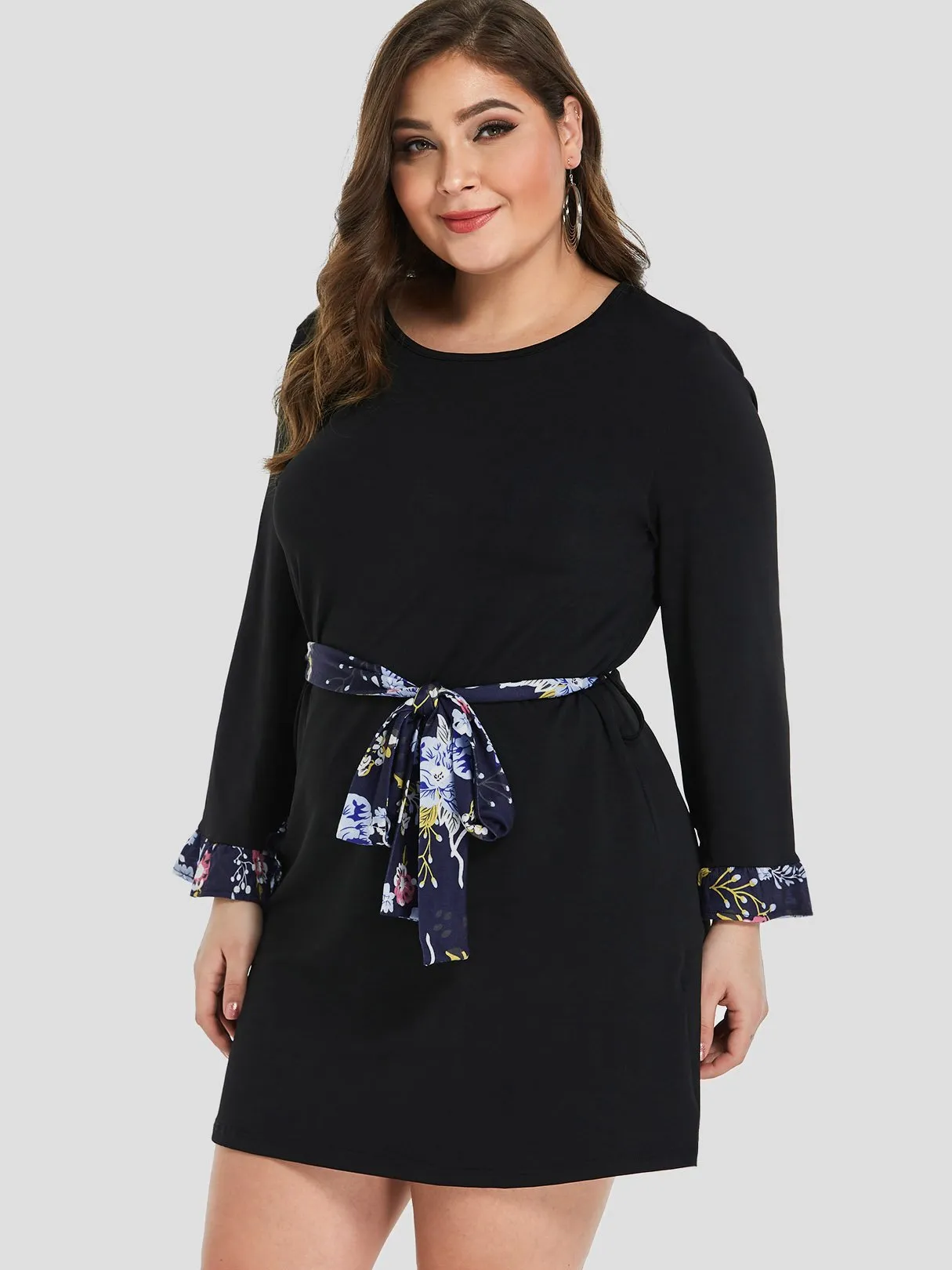 OEM ODM Round Neck Plain Self-Tie Long Sleeve Black Plus Size Dress