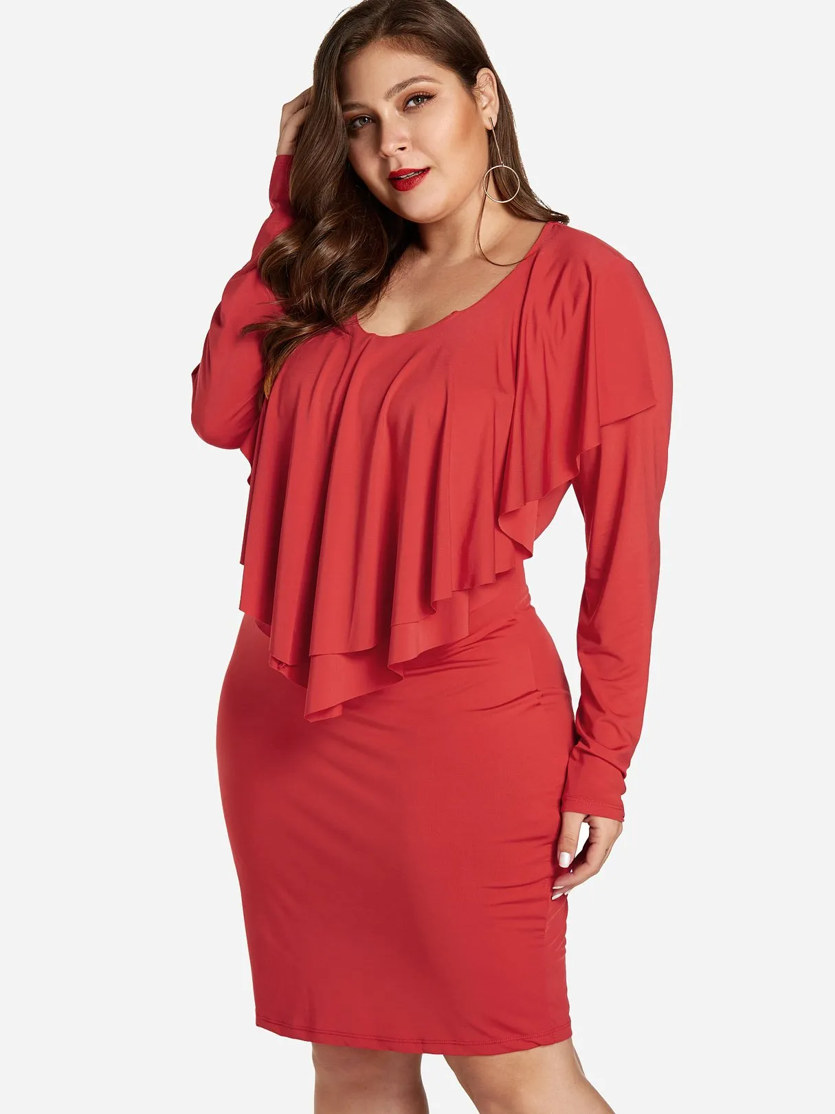 OEM ODM Round Neck Plain Tiered Ruffle Trim Long Sleeve Plus Size Dress