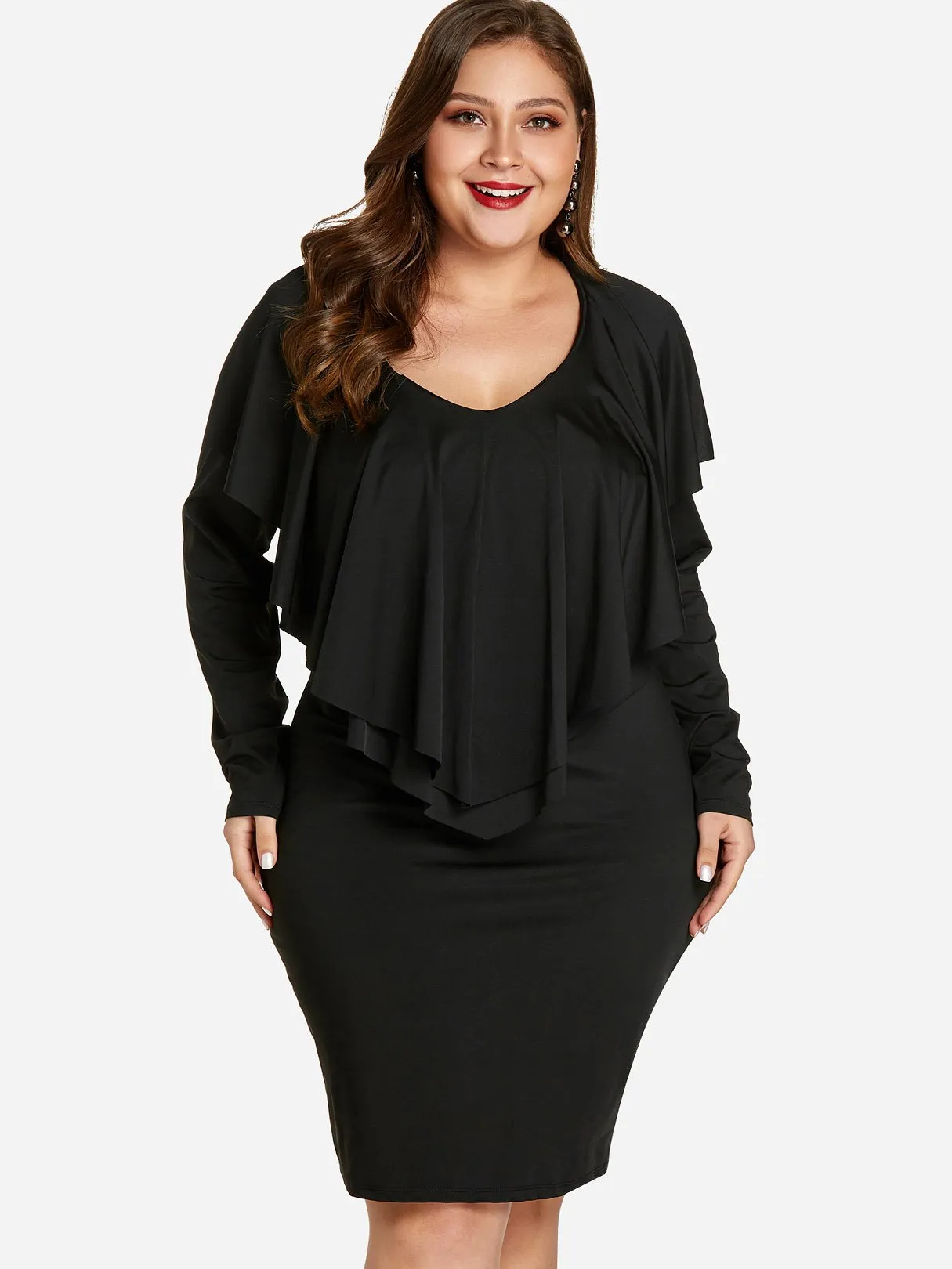 OEM ODM Round Neck Plain Tiered Ruffle Trim Long Sleeve Plus Size Dress