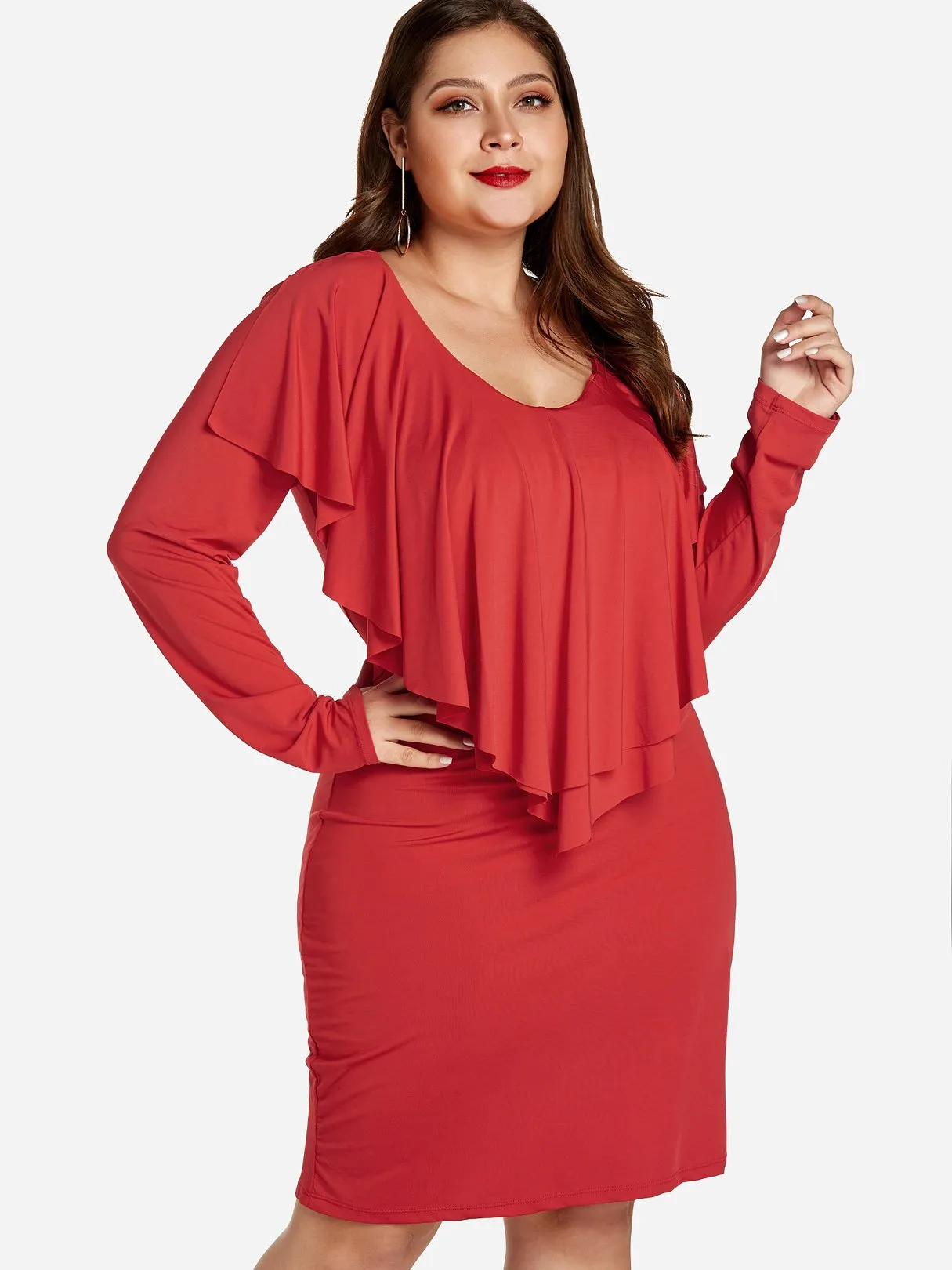 OEM ODM Round Neck Plain Tiered Ruffle Trim Long Sleeve Plus Size Dress