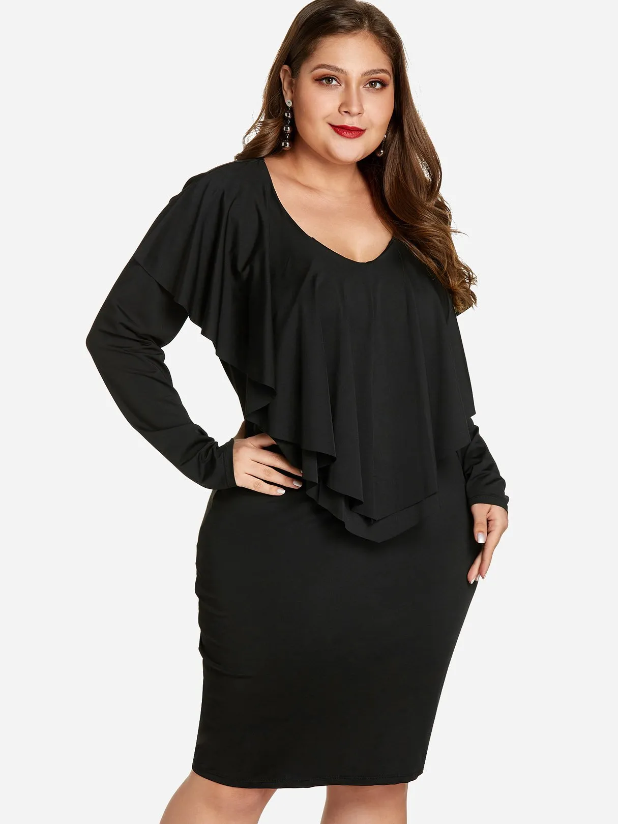 OEM ODM Round Neck Plain Tiered Ruffle Trim Long Sleeve Plus Size Dress
