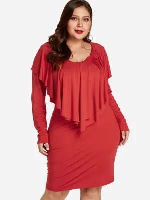 OEM ODM Round Neck Plain Tiered Ruffle Trim Long Sleeve Plus Size Dress