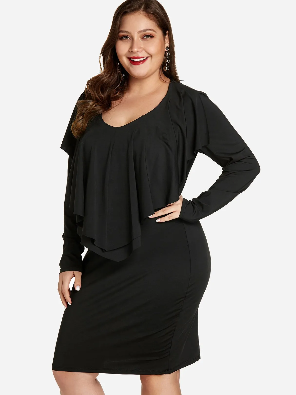OEM ODM Round Neck Plain Tiered Ruffle Trim Long Sleeve Plus Size Dress